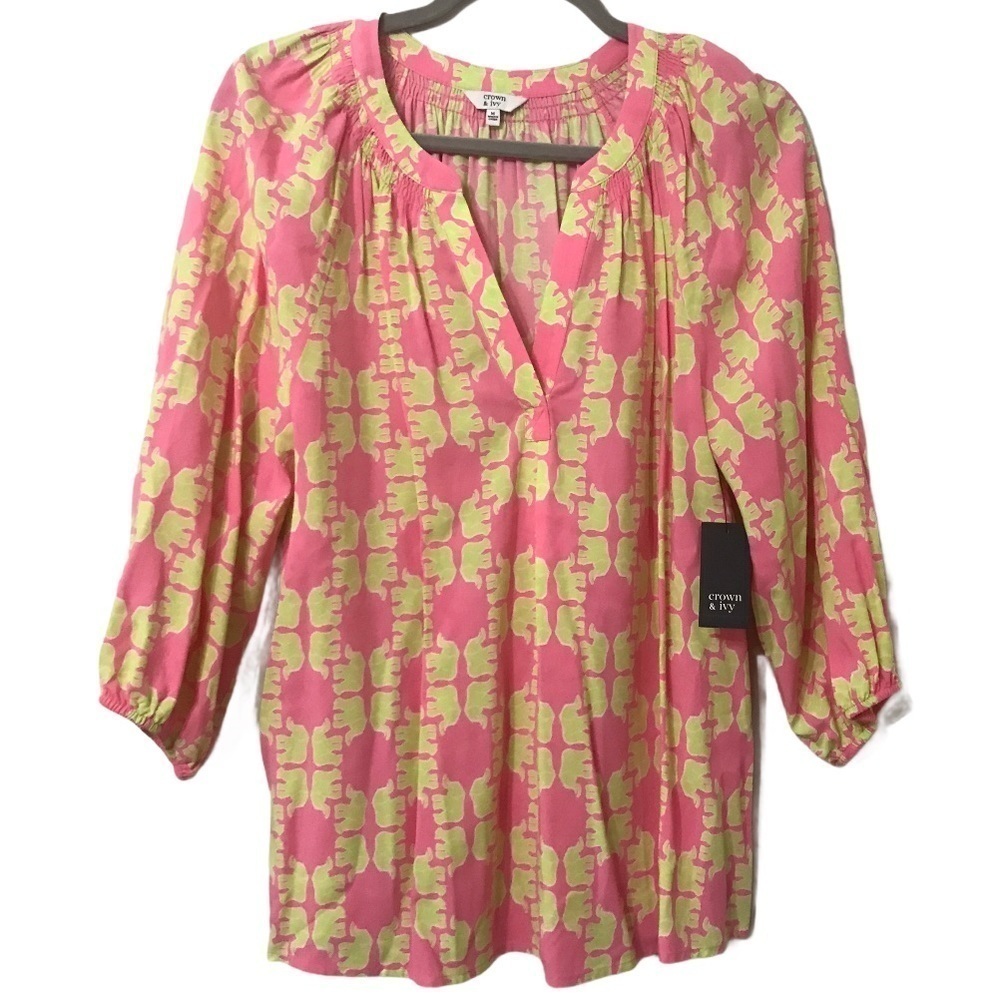 Crown & Ivy Pink Palace II Lime Elephant 3/4 TOP